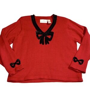 Vtg Jane's Closet Red Metallic Sweater Black Sequin Bow Shoulder Pads‎ Holiday